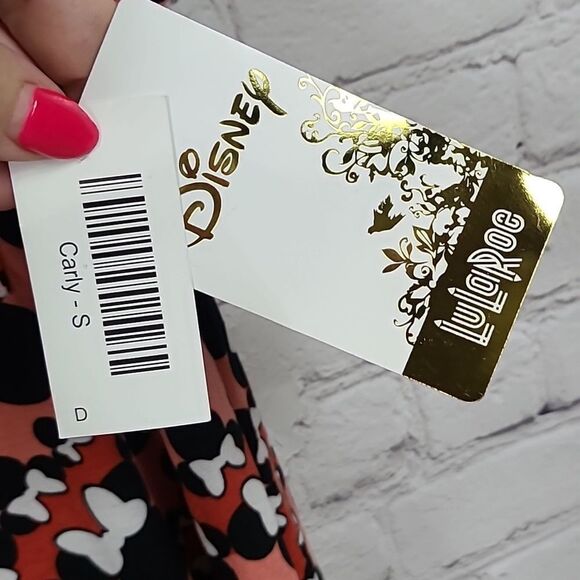 NWT LuLaRoe Disney Carly Dress Minnie Mouse Knit Midi Pocket High Low Casual 6/8 - Picture 5 of 11